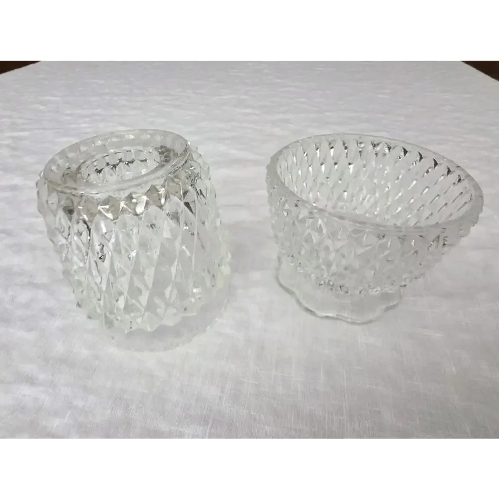 Vintage Indiana Glass Fairy Lamp Clear Diamond Point Candle Holder 2 pc FLAW